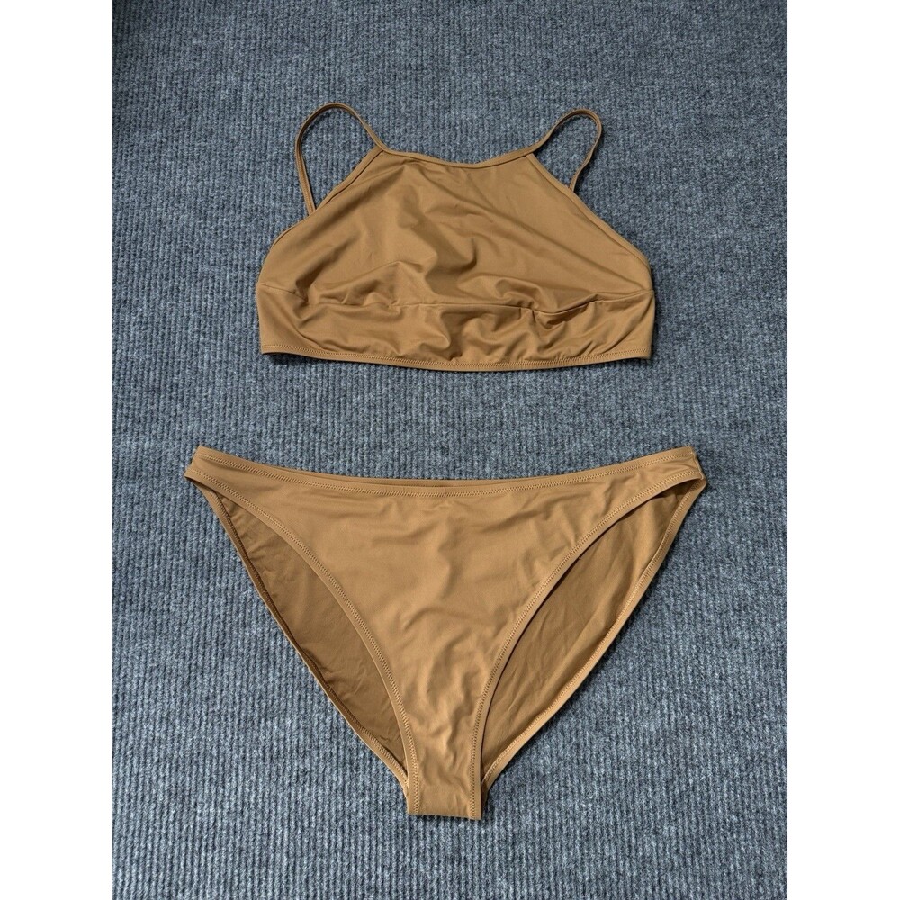 Skims Recycled Swim Bikini Set Women 4X High Neck Top Mid Coverage Bottom Brown